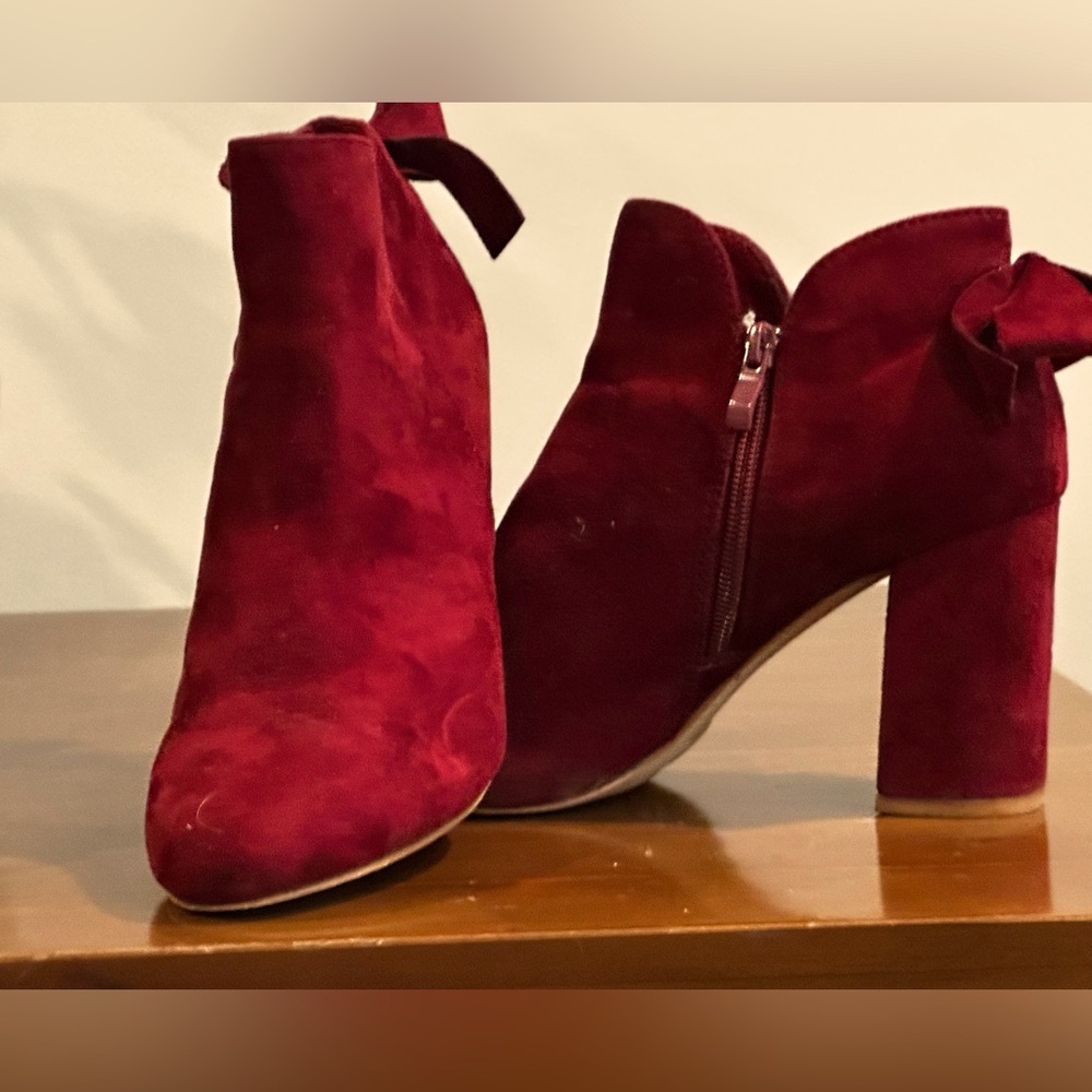 Round Toe Bow Decor Chunky Heel Ankle Boots - BIRGUNDY